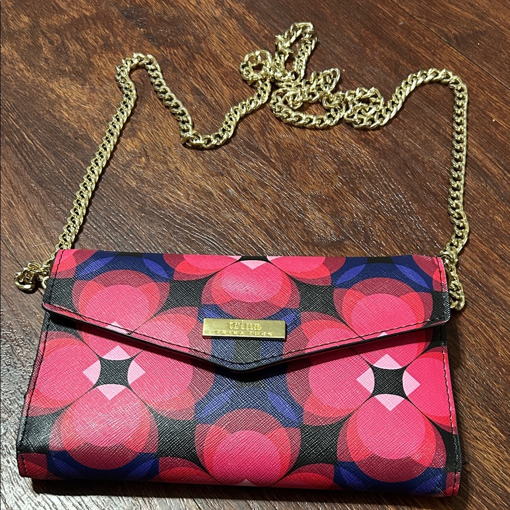 Trina Turk Pink Floral Envelope Crossbody with Gold Chain